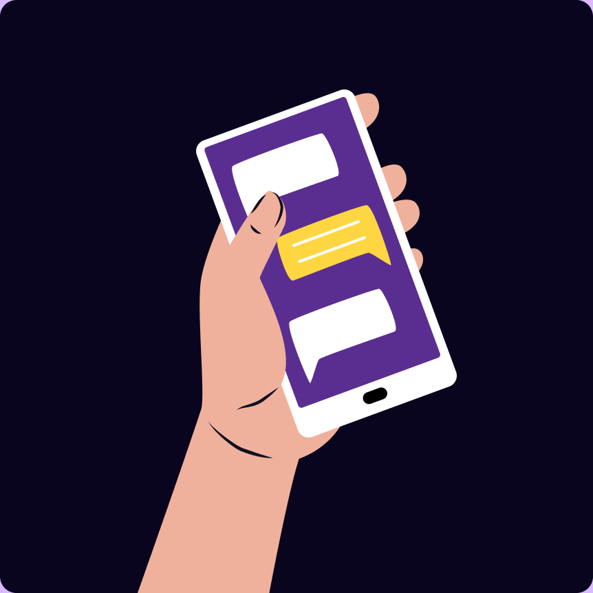 Illustration d’une main qui tient un téléphone intelligent affichant une conversation par messages.