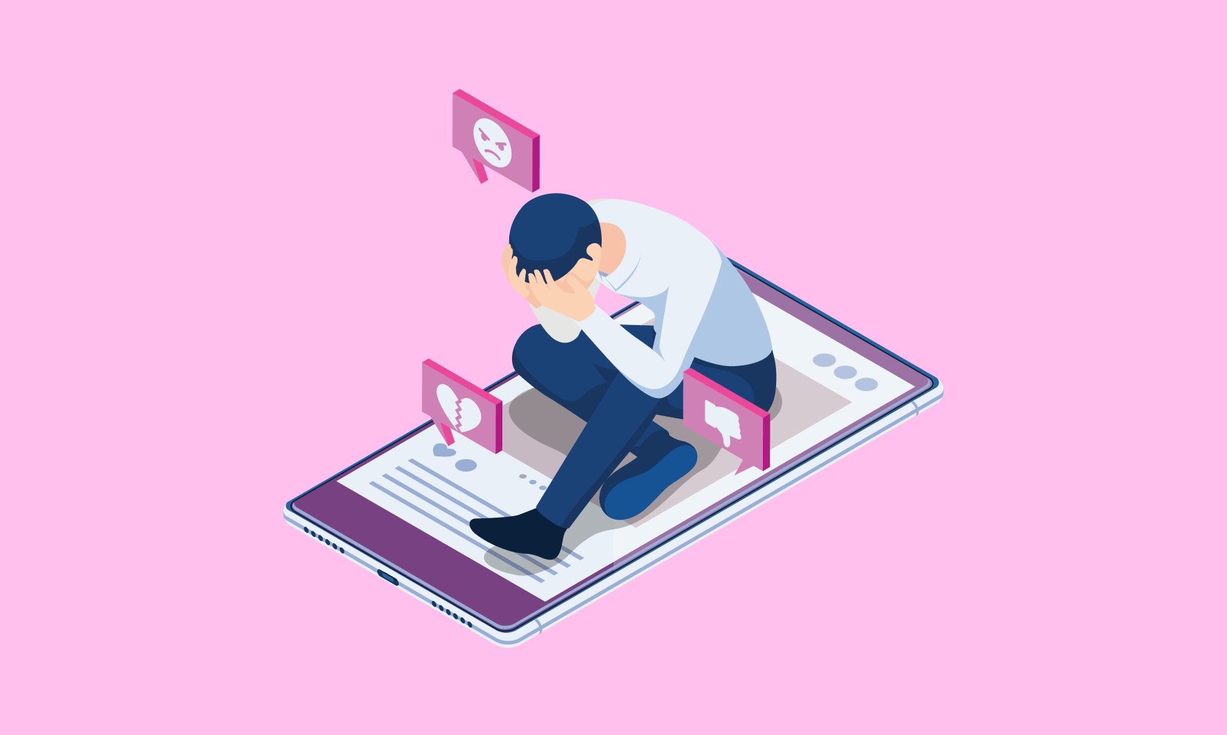 Illustration d’une personne assise sur un téléphone géant, la tête entre les mains, entourée de bulles de réaction négatives : visage en colère, cœur brisé, pouce vers le bas.
